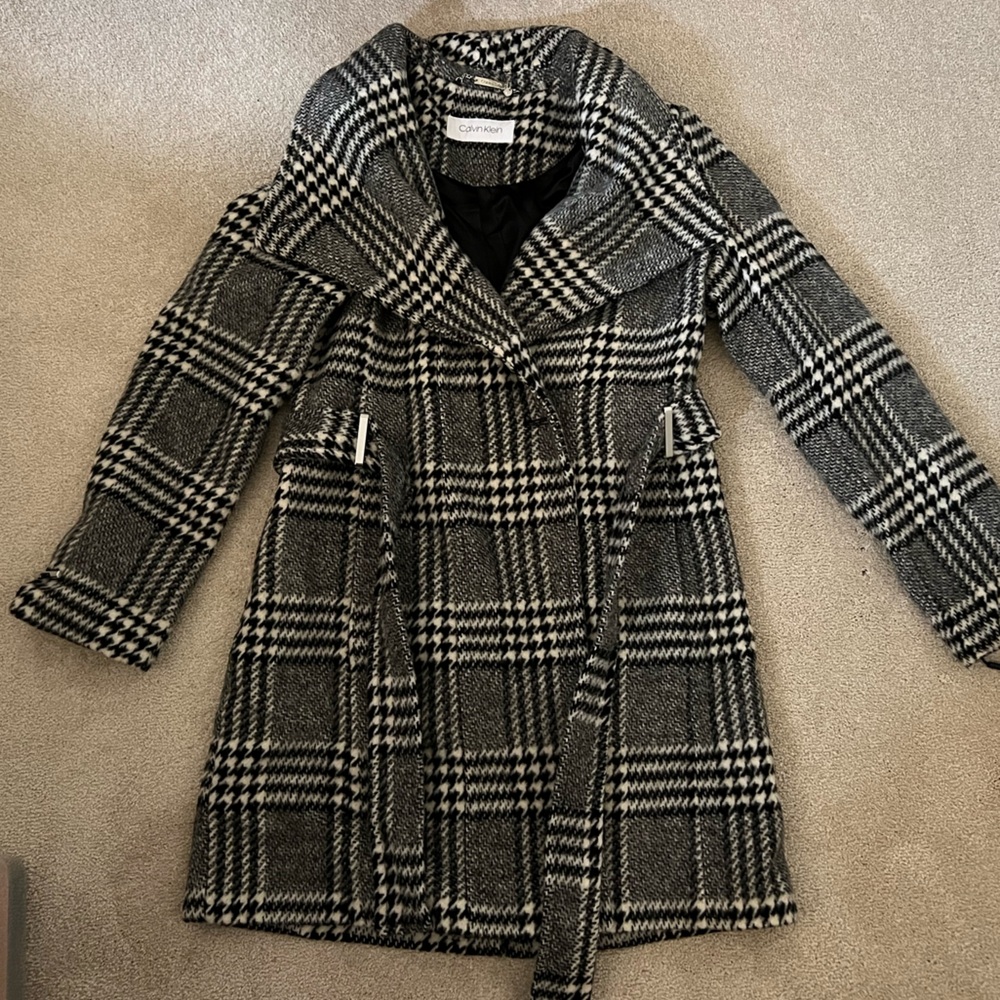 Calvin Klein Grey & Black Plaid Trench Wool Coat